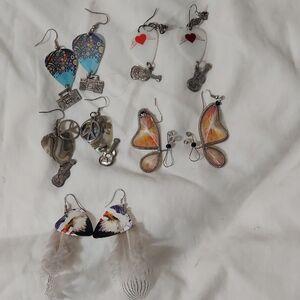5 Pair Colorful Feather and Metal Earrings Set Music Butterfly Eagle